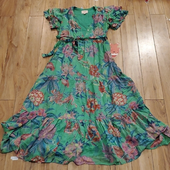 Banjanan Dresses & Skirts - Banjanan Pink Green Sundress with Flutter Sleeves and Ruffled Hem